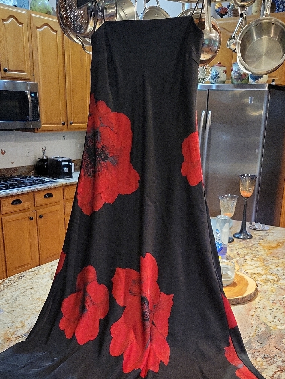 Francesca's Black Dress with Red Floral Print - Elegant Strapless Evening Dress